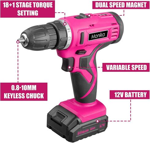 Monika 12V Pink Lithium Cordless Drill Bit Set Kits Screw Bits Sockets 18+1 Torque Setting, LED Light, Electric Power Drill Driver for Home, Office DIY and Wall Drilling, Wood, Metal W/Battery in Saudi Arabia