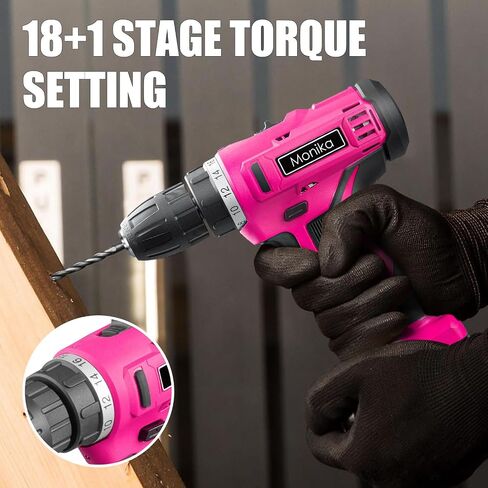 Monika 12V Pink Lithium Cordless Drill Bit Set Kits Screw Bits Sockets 18+1 Torque Setting, LED Light, Electric Power Drill Driver for Home, Office DIY and Wall Drilling, Wood, Metal W/Battery in Saudi Arabia
