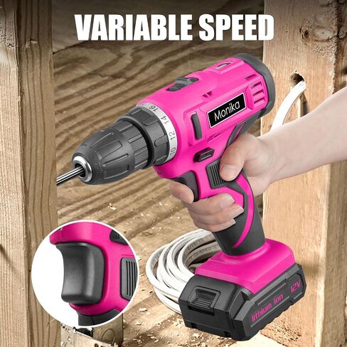 Monika 12V Pink Lithium Cordless Drill Bit Set Kits Screw Bits Sockets 18+1 Torque Setting, LED Light, Electric Power Drill Driver for Home, Office DIY and Wall Drilling, Wood, Metal W/Battery in Saudi Arabia