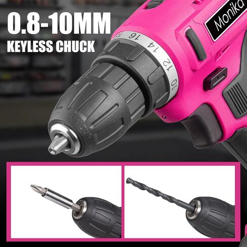 Monika 12V Pink Lithium Cordless Drill Bit Set Kits Screw Bits Sockets 18+1 Torque Setting, LED Light, Electric Power Drill Driver for Home, Office DIY and Wall Drilling, Wood, Metal W/Battery in Saudi Arabia