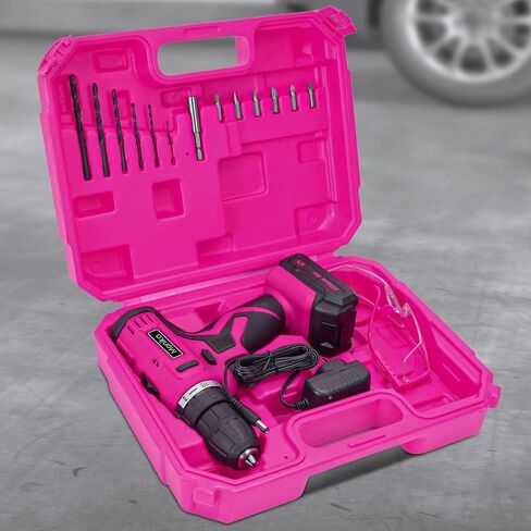 Monika 12V Pink Lithium Cordless Drill Bit Set Kits Screw Bits Sockets 18+1 Torque Setting, LED Light, Electric Power Drill Driver for Home, Office DIY and Wall Drilling, Wood, Metal W/Battery in Saudi Arabia
