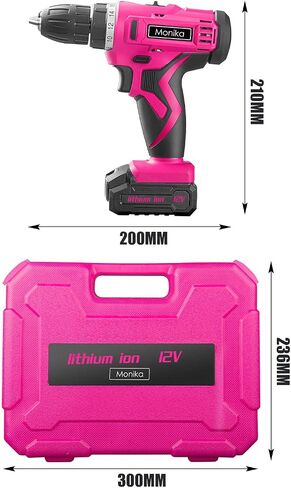 Monika 12V Pink Lithium Cordless Drill Bit Set Kits Screw Bits Sockets 18+1 Torque Setting, LED Light, Electric Power Drill Driver for Home, Office DIY and Wall Drilling, Wood, Metal W/Battery in Saudi Arabia