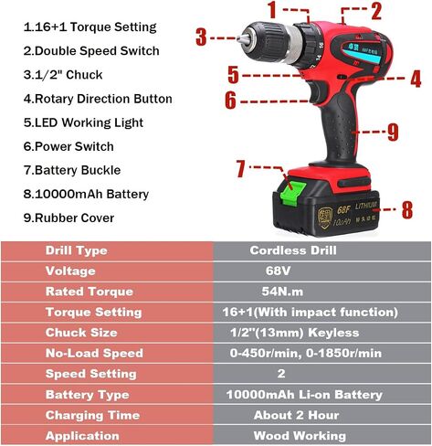 68V 10Ah Cordless Rechargeable Electric Drill 2 Speed Heavy Duty Torque Power Drills in Saudi Arabia