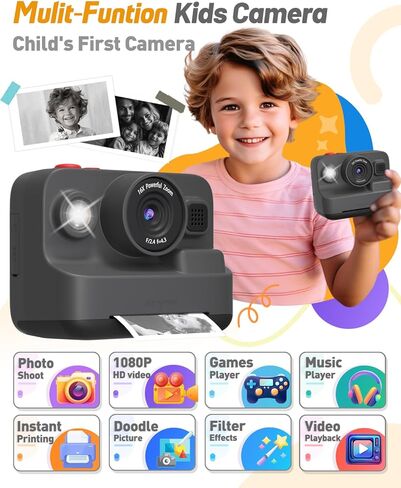 Kids Camera Instant Print, Christmas Birthday Gifts for 3-12 Year Old Boys Girls, 2.4in Screen 1080P Kids Digital Camera Toys for Kids Age 3 4 5 6 7 8 9 10 with 3 Rolls Print Paper 32G Card in Kuwait