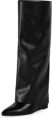 Modatope Knee Boots High Boots طية فوق أحذية الكعب إسفين القامة القامة بوتس سحاب مدببة فستان القدم in Saudi Arabia