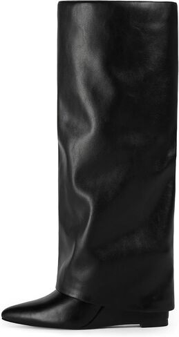 Modatope Knee Boots High Boots طية فوق أحذية الكعب إسفين القامة القامة بوتس سحاب مدببة فستان القدم in Saudi Arabia