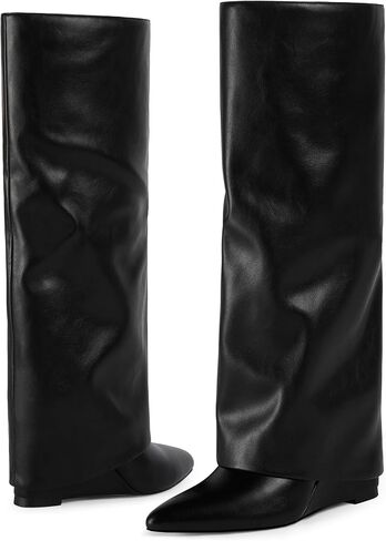 Modatope Knee Boots High Boots طية فوق أحذية الكعب إسفين القامة القامة بوتس سحاب مدببة فستان القدم in Saudi Arabia