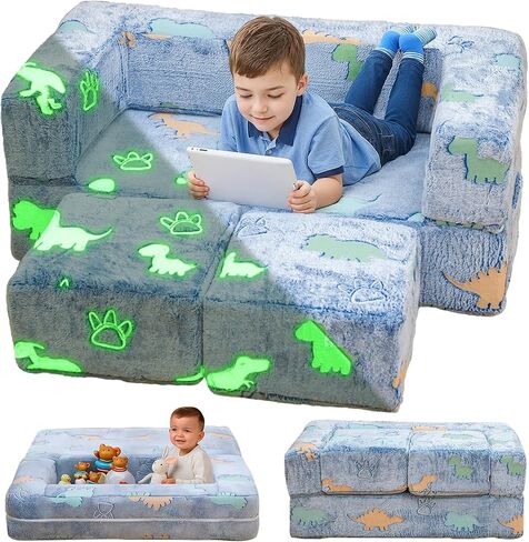 Lamerge Toddler Couch Glow في The Dark Toddler ، قم بطي الأريكة في غرفة اللعب ، والطفل القابل للتحويل ، طي الرغوة والوسادة الأرضية لغرفة النوم (الرمادي+كرة القدم) in Kuwait
