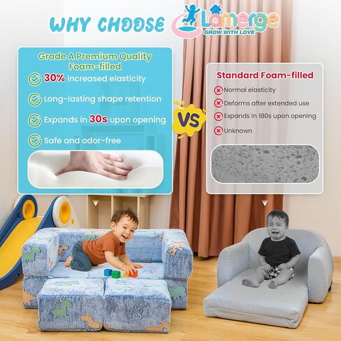 Lamerge Toddler Couch Glow في The Dark Toddler ، قم بطي الأريكة في غرفة اللعب ، والطفل القابل للتحويل ، طي الرغوة والوسادة الأرضية لغرفة النوم (الرمادي+كرة القدم) in Kuwait