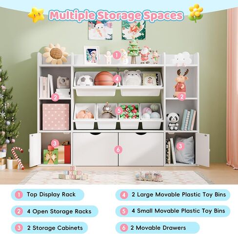 Xilingol Kids Toy Storage Organizer W/6 Removable Toy Bins, 4-Tier Toy Organizers W/6 Storage Cubbies and 2 Movable Drawers, Kid Bookshelf and Toy Storage for Playroom, Bedroom, Kids Room (Multicolor) in Kuwait