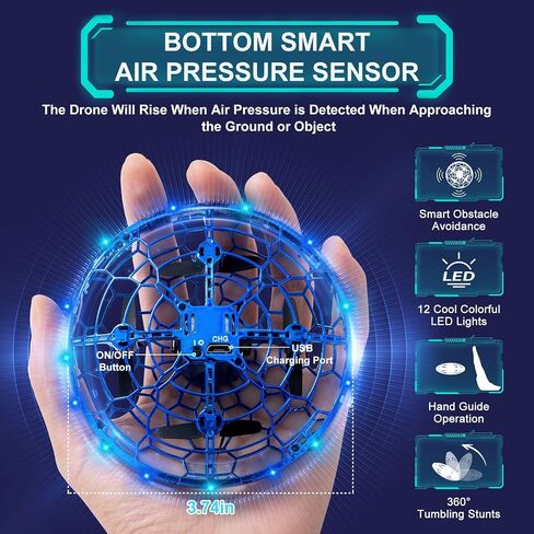Hand Operated Flying Toy Drone for Kids, 360° Hands Free Motion Sensors Mini Drone with Cool LED Lights, Easy Indoor Small UFO Toy Flying Ball Drone for 6 7 8 9 10+ Year Old Boys and Girls (Blue) in Kuwait