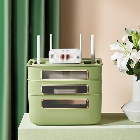 WIFI جهاز تخزين WIFI مربع إدارة الكابلات منظم سطح المكتب متعدد الاستخدامات نافذة واضحة النمط الحديث البلاستيك 31.5x26x22cm (أخضر داكن) in Saudi Arabia