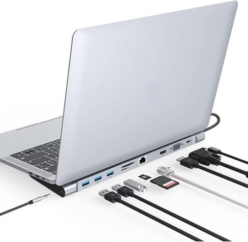 محطة الإرساء للكمبيوتر المحمول ، 10 في 1 USB C محول محول مع 4K HDMI & VGA ، 3 X USB 3.0 ، Gigabit Ethernet RJ45 LAN ، USB C PD ، SD/TF Card Reader ، 3.5mm Audio/MIC (1) in Kuwait