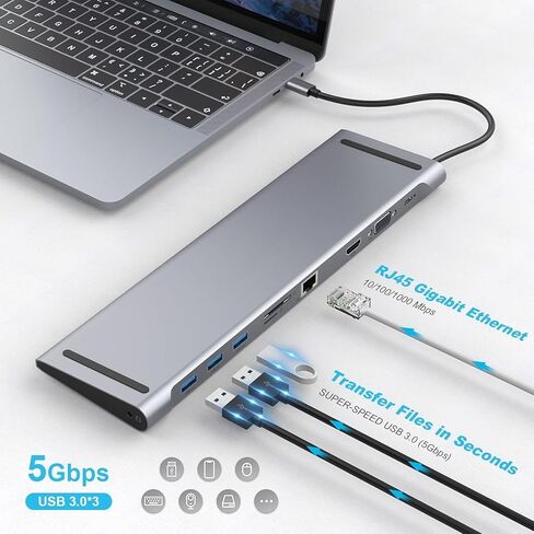 محطة الإرساء للكمبيوتر المحمول ، 10 في 1 USB C محول محول مع 4K HDMI & VGA ، 3 X USB 3.0 ، Gigabit Ethernet RJ45 LAN ، USB C PD ، SD/TF Card Reader ، 3.5mm Audio/MIC (1) in Kuwait
