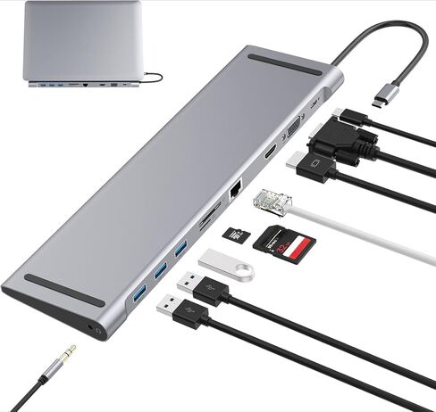 محطة الإرساء للكمبيوتر المحمول ، 10 في 1 USB C محول محول مع 4K HDMI & VGA ، 3 X USB 3.0 ، Gigabit Ethernet RJ45 LAN ، USB C PD ، SD/TF Card Reader ، 3.5mm Audio/MIC (1) in Kuwait