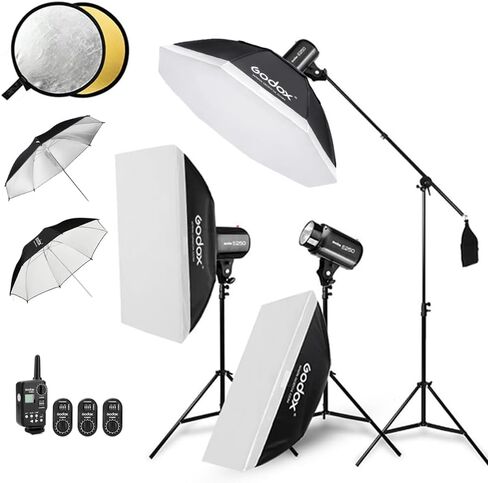 Godox 750W Studio Strobe Flash Light Kit, 3-Light Godox Strobe Lighting Kit for Photography, 3x250W 5600K Monolights with Boom Arm, Flash Trigger, Softbox, Light Stands, Reflector Umbrella in Saudi Arabia