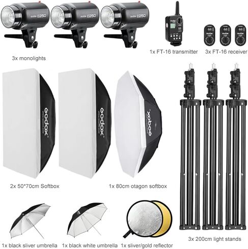 Godox 750W Studio Strobe Flash Light Kit, 3-Light Godox Strobe Lighting Kit for Photography, 3x250W 5600K Monolights with Boom Arm, Flash Trigger, Softbox, Light Stands, Reflector Umbrella in Saudi Arabia