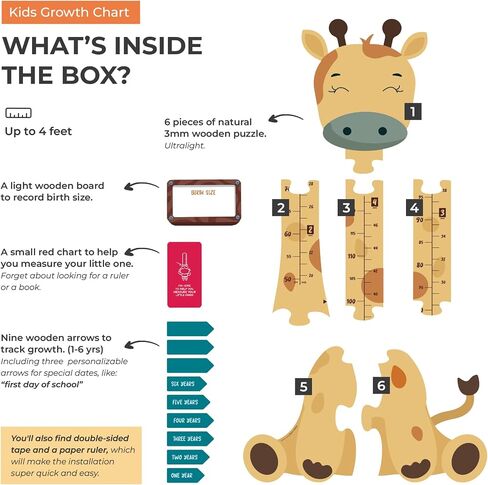 Matilda The Giraffe - Wooden Growth Chart for Kids | Wall Height Chart for Children | Cute Wall Ruler for Kids | Track Height Measurement Up to 4ft | Easy to Install, No Tools Needed in Saudi Arabia