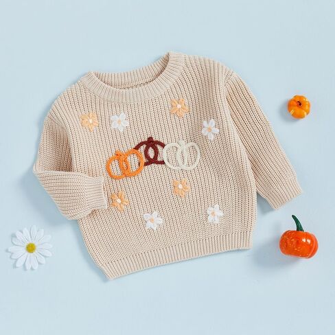 Toddler Baby Boy Girl Halloween Sweater Pumpkin/Ghost Embroidered Crewneck Long Sleeve Pullover Knit Tops in Saudi Arabia