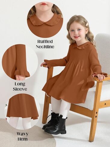 Toddler Baby Girls' Long Sleeve Dresses Ruffle Ribbed Knit Sweater Dress Fall Winter Clothes Outfits 6M-5T in Saudi Arabia