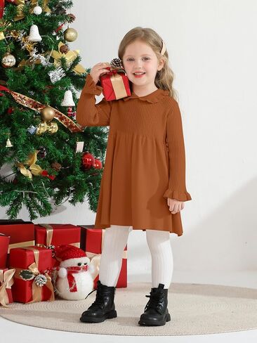 Toddler Baby Girls' Long Sleeve Dresses Ruffle Ribbed Knit Sweater Dress Fall Winter Clothes Outfits 6M-5T in Saudi Arabia