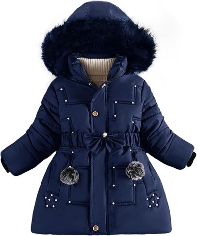 Happy Cherry Kid Girls Fleece Lining Coat with Belt Cute Pearl Dress Coat Winter Warm Fur Collar Snow Puffer Jacket 3-9Y in Saudi Arabia