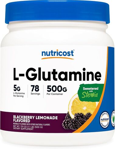 Nutricost L-Glutamine Powder Sweetened with Stevia (500 Grams, Peach Mango) | L-Glutamine Supplement for Gut Support, 5 Grams of L-Glutamine Per Serving - Gluten Free, Non-GMO in Kuwait