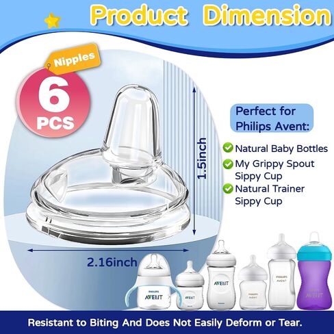 Sippy Spout Nipples(6 Pack), Compatible with Philips Avent Natural Bottles, My Grippy Spout & Natural Trainer Sippy Cup, 100% Food Grade Silicone Sippy Cup Nipples, 6m+, Leak-Proof, BPA-Free in Saudi Arabia