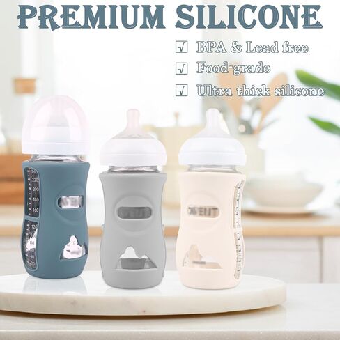 3 Pack Silicone Sleeves for Avent Natural Glass Baby Bottles, Anti Breakage Baby Bottle Holder, Compatible Philips Avent Glass Natural Baby Bottle 4 oz(Grey+Dark Blue+Apricot) in Kuwait