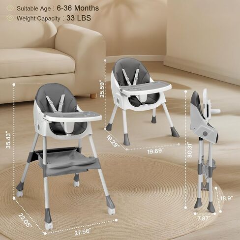 Ktaxon Foldable Baby High Chair, 3-in-1 Portable Toddler Highchair, Pink | Convertible High Chairs with 5-Point Safety Harness, Easy to Clean Tray, Storage Bag, For Babies & Toddlers, Home Travel in Saudi Arabia