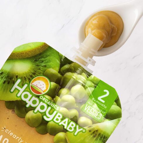 Happy Baby Organics Stage 2 Baby Food Pouches, Gluten Free, Vegan & Healthy Snack, Clearly Crafted Fruit & Veggie Puree, Green Beans Pears & Spinach, 4 Ounces (Pack of 1) in Saudi Arabia
