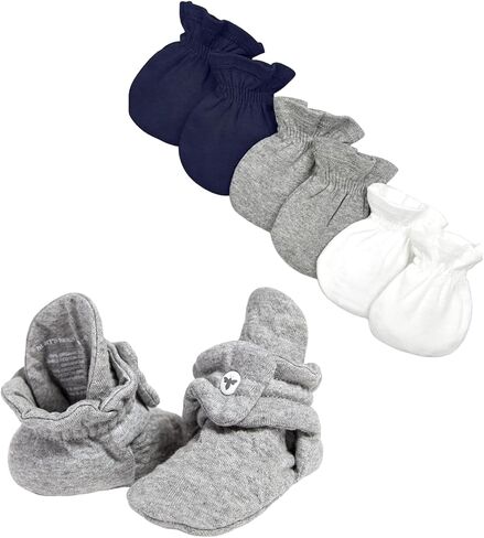 Burt's Bees Baby Build Baby Essentials-Bee Bee Booties Heather Gray (3-6 أشهر) + 3 حزم القفازات الصلبة في منتصف الليل (مقاس واحد) ، أساسية من القطن العضوي للدفء والراحة in Saudi Arabia