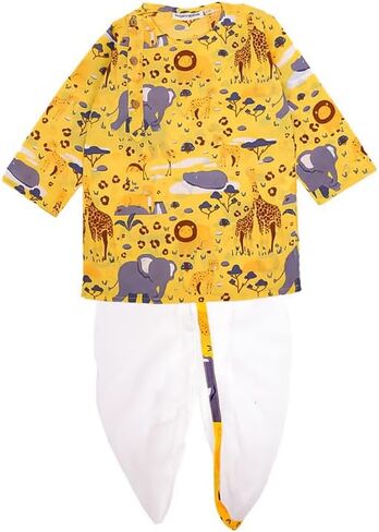 Baby Boys Cotton Animal Print Full Sleeves Side Button Kurta with Dhoti Kurta Set For Boys in Kuwait