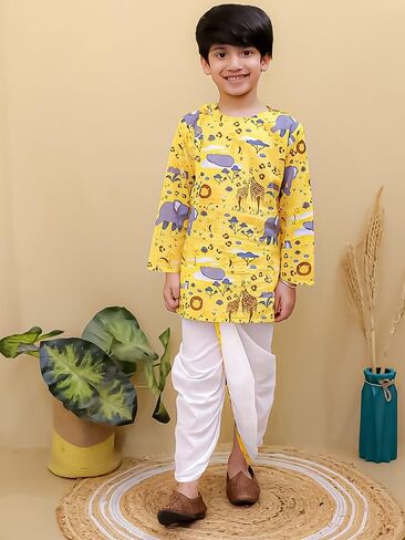 Baby Boys Cotton Animal Print Full Sleeves Side Button Kurta with Dhoti Kurta Set For Boys in Kuwait