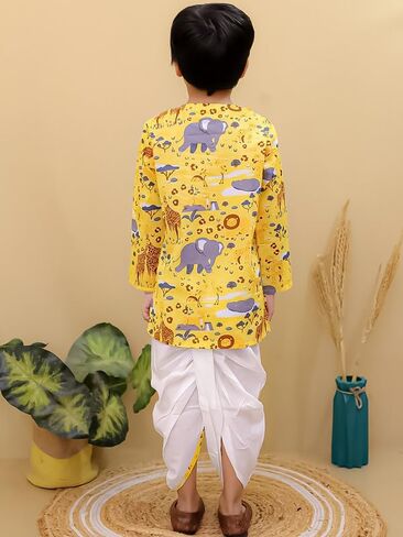 Baby Boys Cotton Animal Print Full Sleeves Side Button Kurta with Dhoti Kurta Set For Boys in Kuwait
