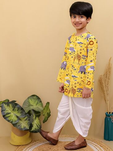 Baby Boys Cotton Animal Print Full Sleeves Side Button Kurta with Dhoti Kurta Set For Boys in Kuwait