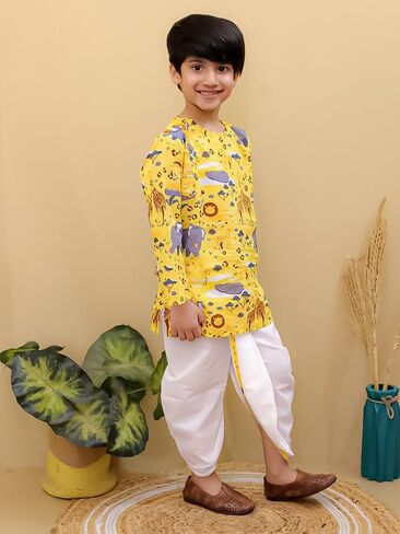 Baby Boys Cotton Animal Print Full Sleeves Side Button Kurta with Dhoti Kurta Set For Boys in Kuwait