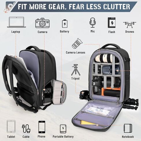 RAKERMORE RAKERMORE CAMERAMPACK قشرة صلبة لـ DSLR/SLR حقيبة كاميرا مقاومة للماء مع مقصورة كمبيوتر محمول 15.6 بوصة مع حقيبة على ظهره على غطاء محترف مع علبة العدسة الكاميرا الأسود in Saudi Arabia