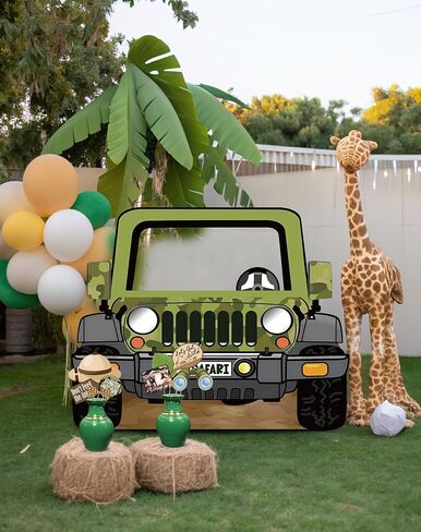 Jungle Safari Jeep Photo Booth Prop - قطع من الورق المقوى الكبيرة لحفلة عيد ميلاد الغابة ، موضوع مغامرة حديقة الحيوان ، زخارف دش الطفل Safari (1 PCS) in Kuwait