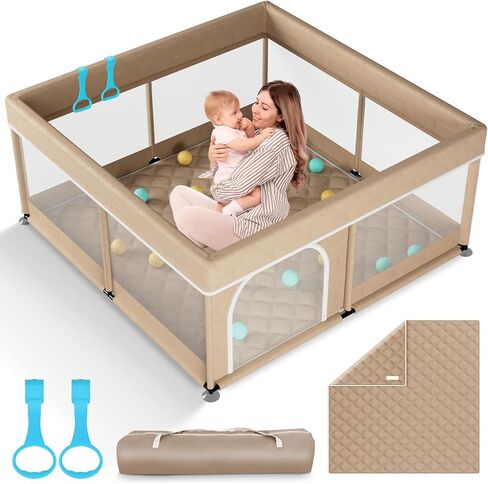Playpen Omzer Baby مع MAT 71 "× 59" - ممساح كبير جدًا للأطفال والأطفال الصغار مع حصيرة متضمنة ، ومسرح أمان للطفل مع بوابة ، و Playpen Soft Sponge Gate Playpen مع Mat Velcro مستقرة in Kuwait