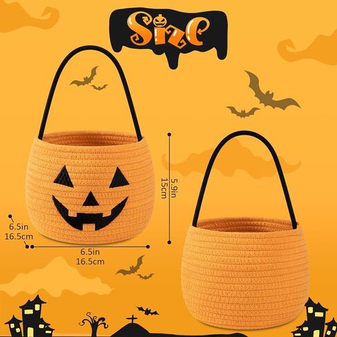 OIAHOMY Halloween Pumpkin Basket, Trick or Treat Pumpkin Candy Bucket, Cotton Rope Woven Basket for Girls/Boys, Orange in Kuwait