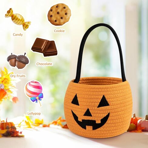 OIAHOMY Halloween Pumpkin Basket, Trick or Treat Pumpkin Candy Bucket, Cotton Rope Woven Basket for Girls/Boys, Orange in Kuwait