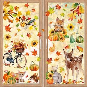 Fall Animals Window Clings for Glass Window, Thanksgiving Maple Leaves Decorative Window Stickers, Autumn Pumpkin Home Office Decor Holiday Decoration Party Supplies in Saudi Arabia