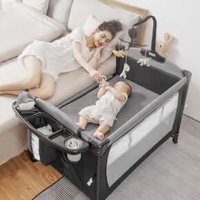 5-in-1 Pack and Play, Baby Bassinet Bedside Sleeper with U-Shaped Diaper Changer, Portable Toddler Playard for Newborn Toddlers, Baby Crib with 4 Adjustable Height, Carry Bag,Easy to Install (Grey) in Saudi Arabia