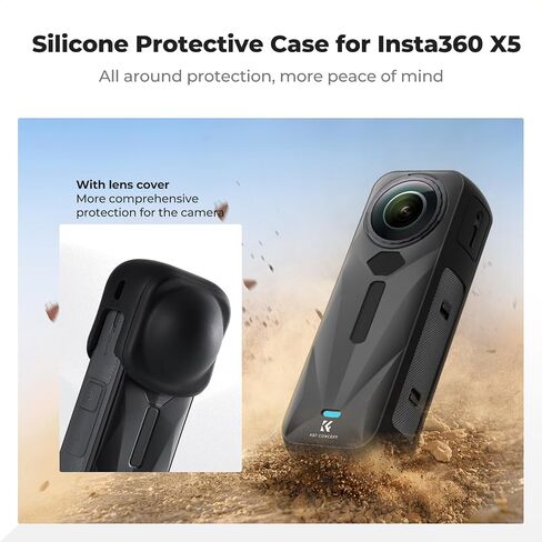 K&F Concept Black Silicone Sleeve Case for Insta360 X5, Soft Protective Case with Lens Cover, Battery Side Open, All-Round Protect Action Camera Accessories in Saudi Arabia