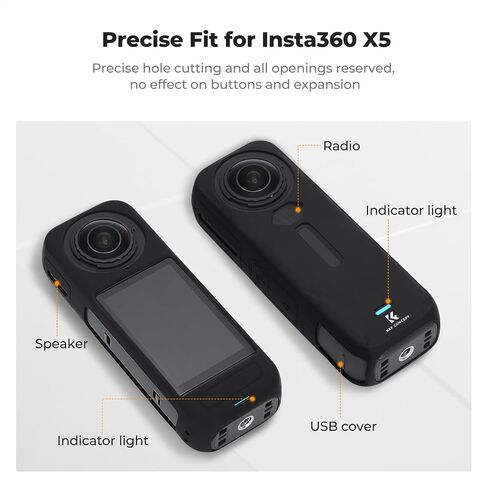 K&F Concept Black Silicone Sleeve Case for Insta360 X5, Soft Protective Case with Lens Cover, Battery Side Open, All-Round Protect Action Camera Accessories in Saudi Arabia