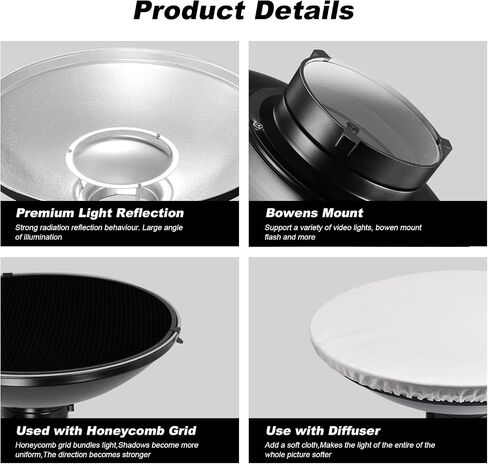 Soonpho 16inch/42cm Silver Beauty Dish Standard Reflector with Honeycomb Grid,Six-Color Diffuser and Bag,for Bowens Mount Studio Strobe Flash Like Godox AD200 AD100Pro in Saudi Arabia