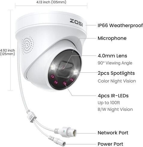 ZOSI 4K Spotlight PoE Security Camera System, 4pcs 5MP Outdoor Cam, 2TB HDD in Kuwait