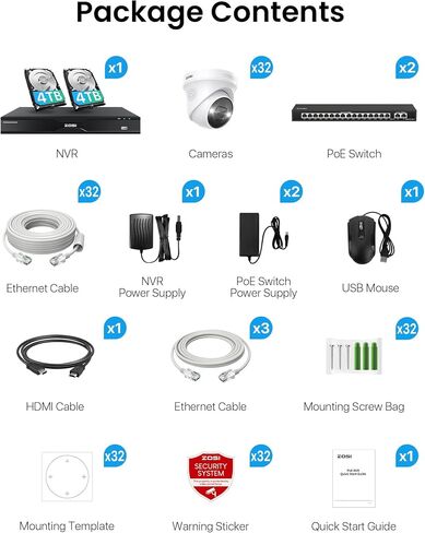 ZOSI 4K Spotlight PoE Security Camera System, 4pcs 5MP Outdoor Cam, 2TB HDD in Kuwait