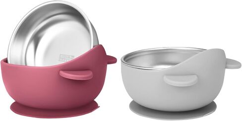 2 Pack Stainless Steel Baby Bowls with Suction, Toddler Bowls with Removable Silicone Shell for Kids, Non-Slip Toddler Baby Feeding Set Dishwasher Safe-Gray & Blue in Kuwait